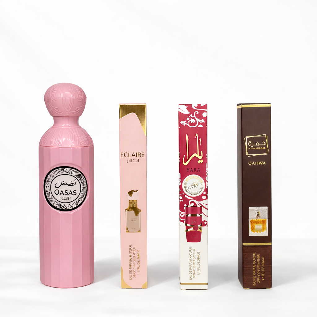 OFERTA 4 PARFUMURI - QASAS BLUSH 100ML + ECLAIRE 35ML + YARA CANDY 35ML + KHAMRAH QAHWA 35ML