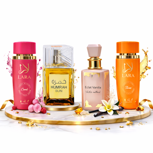 OFERTA 4 PARFUMURI DAMA 100ML - HUMRAH + ECLAT VANILLA + LARA CANDY + LARA TOUS