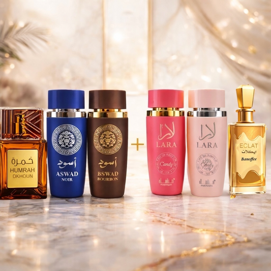 OFERTA 6 PARFUMURI (3 DAMA + 3 BARBATESTI) - LARA CANDY + LARA + ECLAT BANOFFEE + ASWAD BOURBON + ASWAD AQUA + HUMRAH BUNI