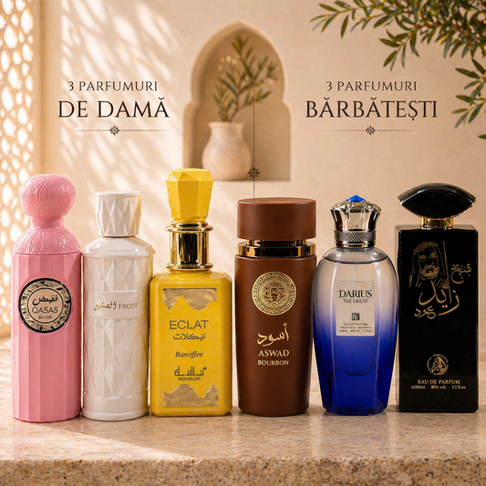 OFERTA PARFUMURI  3 + 3 -> Qasas Blush, Frost, Eclat Banoffee, Aswad Bourbon, Darius The Great, Sheikh Zayed