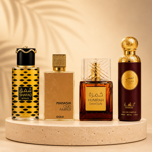 OFERTA 4 PARFUMURI ARABESTI UNISEX - QASAS LUNAIRE, AMBER OUD GOLD, SHAFAQ INTENSE, HUMRAH DKHOUN
