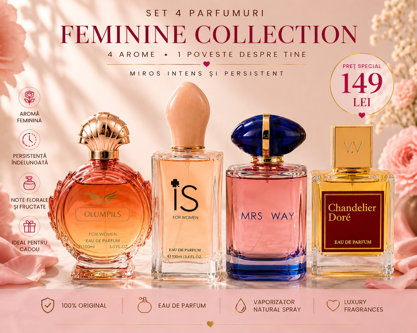 OFERTA 4 PARFUMURI DAMĂ 100ml - MRS WAY + IS + OLUMPILS + CHANDELIER DORE