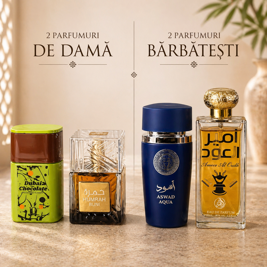 OFERTA PARFUMURI  2 DAMA + 2 BARBATESTI - DUBAI CHOCOLATE + HUMRAH BUNI + ASWAD AQUA + AMEER AL OUDH