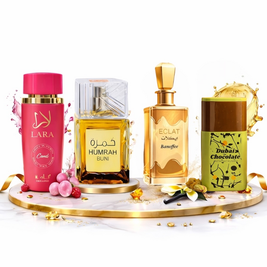 OFERTA 4 PARFUMURI DAMA 100ML - HUMRAH + ECLAT BANOFFEE + LARA CANDY + DUBAI CHOCOLATE