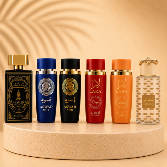 OFERTA 6 PARFUMURI (3 DAMA + 3 BARBATESTI) - SHAFAQ + LARA TOUS + ECLAT BANOFFEE + ASWAD AQUA + ARABIAN NIGHTS + ASWAD NOIR