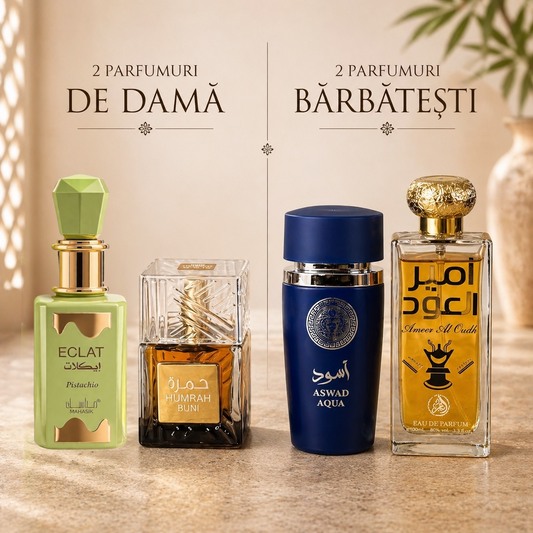 OFERTA PARFUMURI  2 DAMA + 2 BARBATESTI - ECLAT PISTACHIO + HUMRAH BUNI + ASWAD AQUA + AMEER AL OUDH