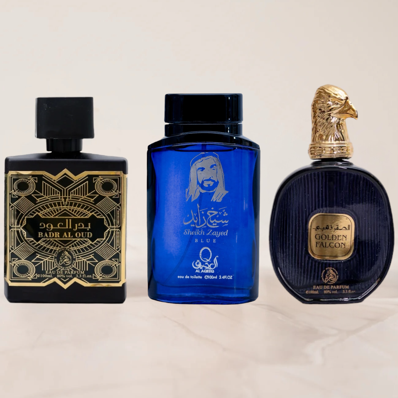 SET PARFUMURI 2 + 1 BARBATI - Golden Flacon, Badr Al Oud, Sheikh Zayed Blue