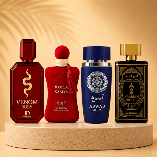 OFERTA PARFUMURI  2 DAMA + 2 BARBATESTI 100ml - VENOM RUBY + SAMYA+ ASWAD AQUA + ARABIAN NIGHTS
