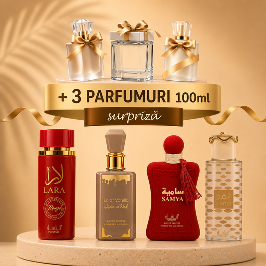 OFERTA 7 PARFUMURI DAMA 100ML - LARA ROUGE+ ECLAT VANILLA +SAMIYA +SHAFAQ + 3 SURPRIZA