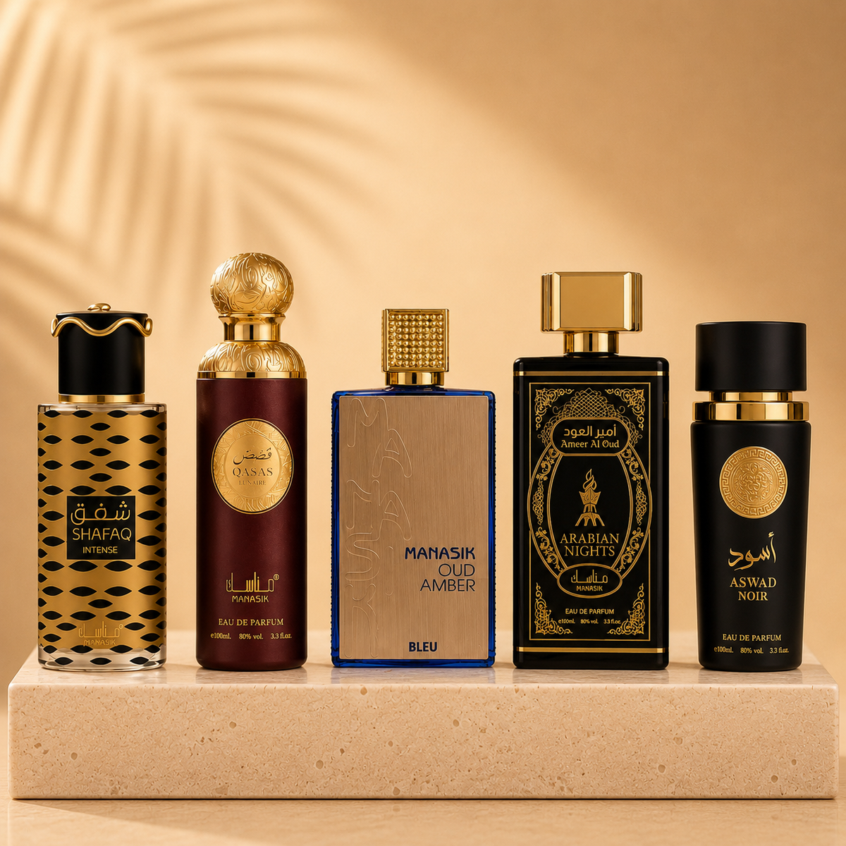 OFERTA 5 PARFUMURI BĂRBĂTEȘTI 100ml - Shafaq Intense + Qasas Lunaire + Oud Amber Bleu + Arabian Nights + Aswad Noir