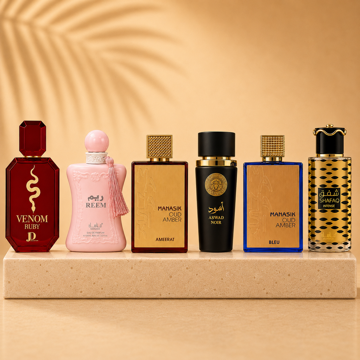 OFERTA 6 PARFUMURI ARĂBEȘTI (3 DAMĂ + 3 BĂRBĂTEȘTI) - Oud Amber Ameerat + Reem + Venom Ruby + Aswad Noir + Oud Amber Bleu + Shafaq Intense