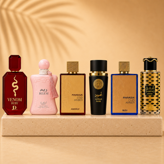 OFERTA 6 PARFUMURI ARĂBEȘTI (3 DAMĂ + 3 BĂRBĂTEȘTI) - Oud Amber Ameerat + Reem + Venom Ruby + Aswad Noir + Oud Amber Bleu + Shafaq Intense