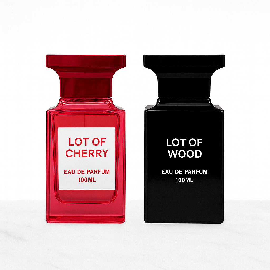SET 1 parfum dama + 1 parfum bărbătesc  - LOT OF CHERRY + LOT OF WOOD 100ml