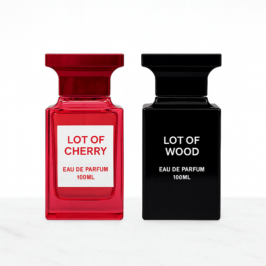 SET 1 parfum dama + 1 parfum bărbătesc  - LOT OF CHERRY + LOT OF WOOD 100ml