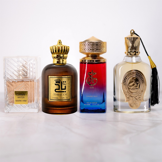 SET 2 PARFUMURI DAMA + 2 BARBATESTI 100ML - KAMRA'S GREEN + TOBACCO + NOUF + KARRI CONFECTION