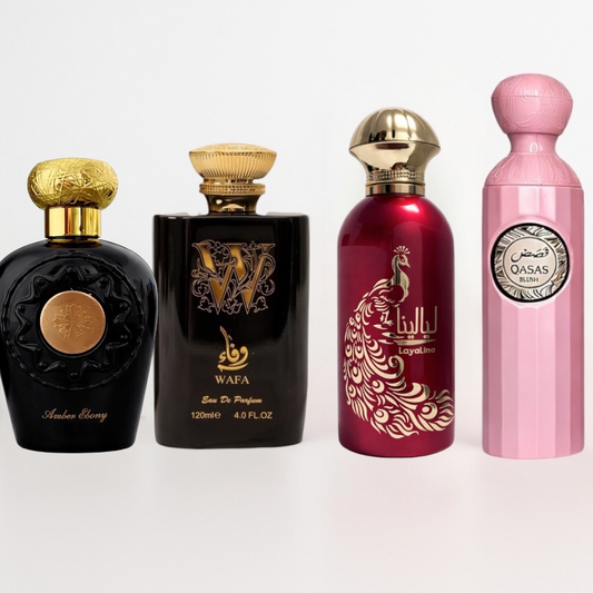 OFERTA 4 PARFUMURI (DAMA + BARBATESTI) - QASAS BLUSH + WAFA + AMBER EBONY + LAYALINA