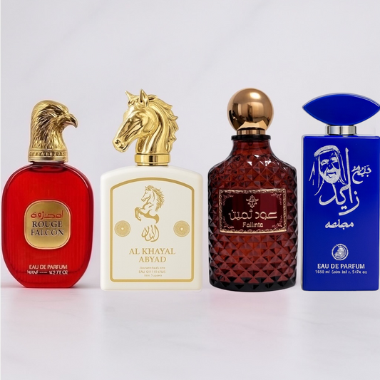 SET 4 PARFUMURI BARBATI - FALINTA, SHEIKH ZAYED ALBASTRU, AL KHAYAL ABYAD, ROUGE FALCON