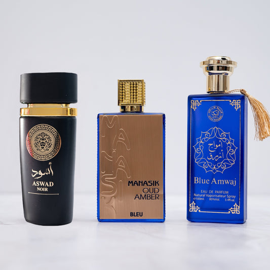 OFERTA 2+1 BLUE AMWAJ, ASWAD NOIR, MANASIK OUD AMBER BLEU (bărbați)
