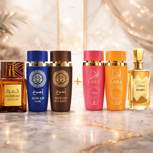 OFERTA 6 PARFUMURI (3 DAMA + 3 BARBATESTI) - LARA CANDY + LARA TOUS + ECLAT BANOFFEE + ASWAD BOURBON + ASWAD AQUA + HUMRAH DKHOUN