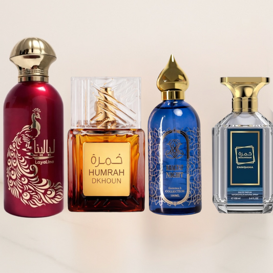 OFERTA 4 PARFUMURI (DAMA+BARBATESTI) - HUMRAH DKHOUN + LAYALINA + GHALTAT NIGHT + KHAMRAH ZANQAMA