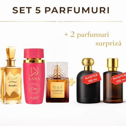 OFERTA 5 PARFUMURI DAMA - ECLAT BANOFFEE + LARA CANDY + HUMRAH DKHOUN + 2 PARUFMURI SURPRIZA