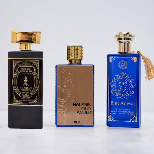 OFERTA 2+1 BLUE AMWAJ, ARABIAN NIGHTS, MANASIK OUD AMBER BLEU (bărbați)