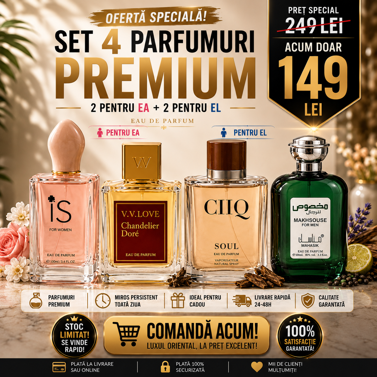 OFERTA 4 PARFUMURI DAMĂ + BĂRBĂTEȘTI - CHANDELIER DORE + IS FOR WOMEN + CIIQ + MARKHSOUSE