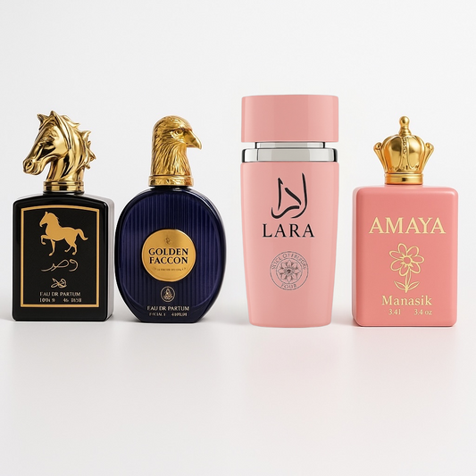 OFERTA 4 PARFUMURI (DAMA + BARBATESTI) - AMAYA + GOLDEN FALCON + AL KHAYAL ASWAD + LARA