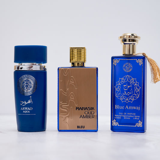 OFERTA 2+1 BLUE AMWAJ, ASWAD NOIR, MANASIK OUD AMBER BLEU (bărbați)
