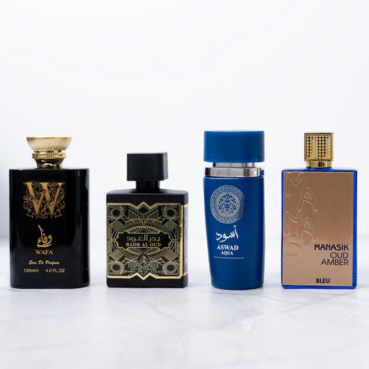 OFERTA 2+2 PARFUMURI BARBATI - WAFA, OUD AMBER BLUE, ASWAD AQUA, BADR AL OUD