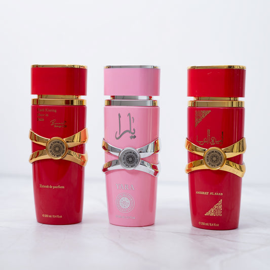 SET 3 SPRAY-URI DE CORP DAMA - YARA, BACCARAT ROUGE, AMEERAT AL ARAB (250ML fiecare)