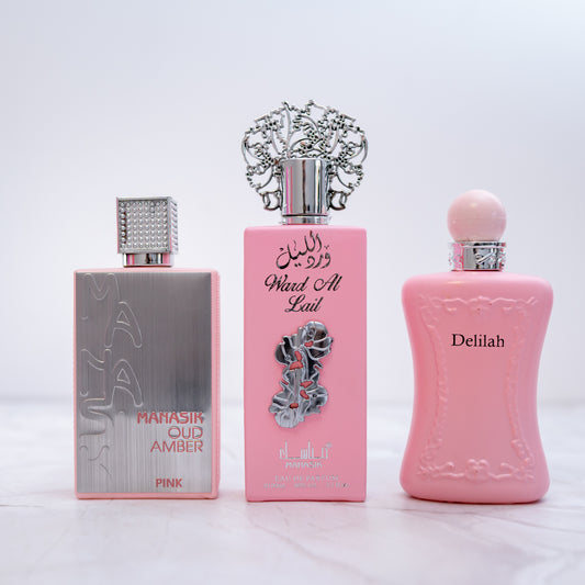 OFERTA 2+1 DELILAH, WARD AL LEIL, MANASIK OUD AMBER PINK (dama)