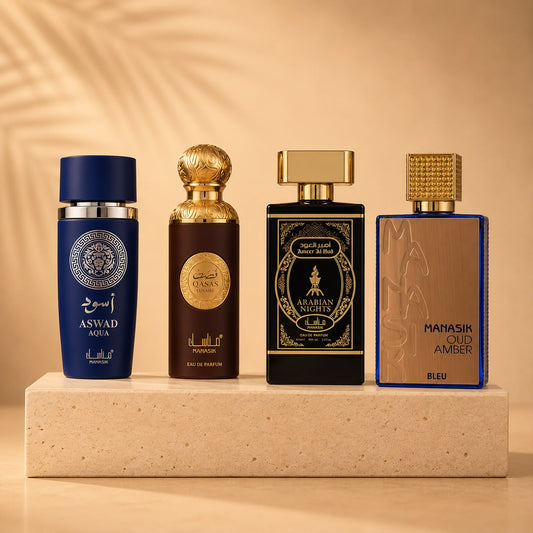 SET 4 PARFUMURI BARBATESTI 100 ml- ASWAD AQUA + QASAS LUNAIRE + ARABIAN NIGHTS + MANASIK OUD AMBER BLEU